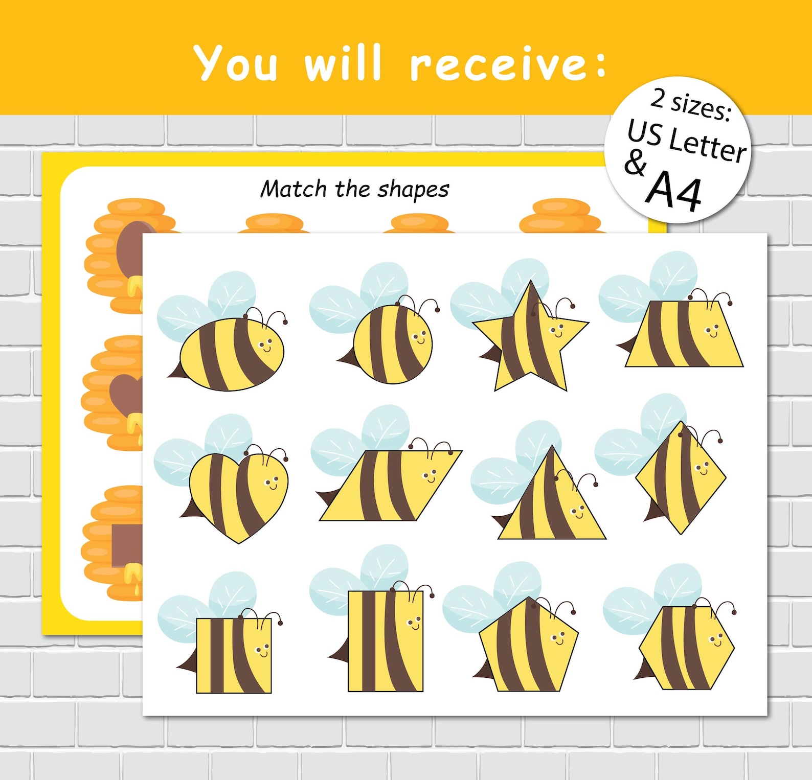 Bees and Beehive Shapes Matching Activity, 2D Shapes, Busy Book Page ...