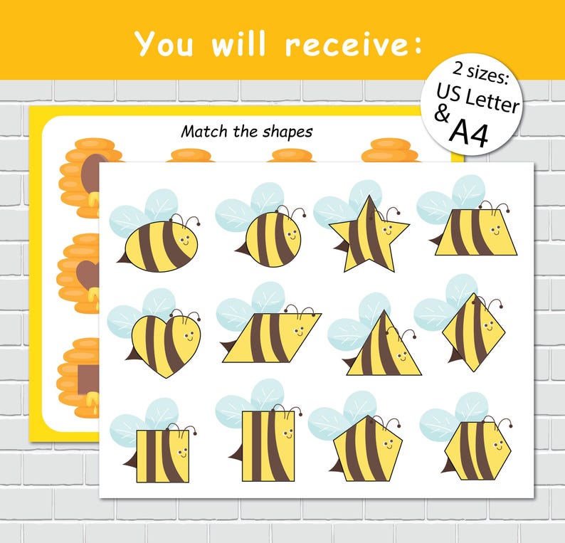 Bees and Beehive Shapes Matching Activity, 2D Shapes, Busy Book Page ...