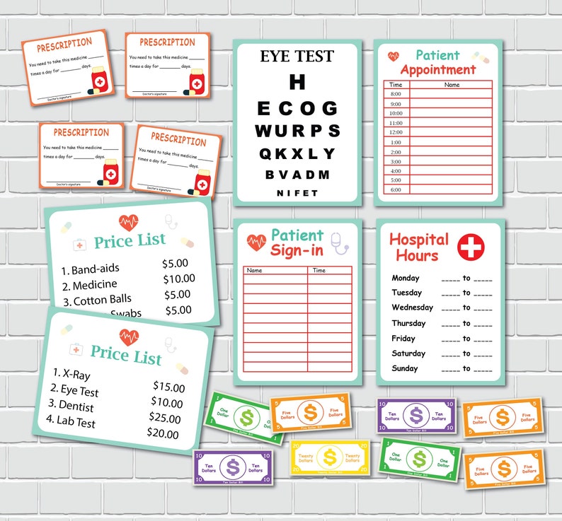 May include: A set of printable doctor's office play props for kids. The set includes a price list, patient sign-in sheet, hospital hours, eye test chart, prescription forms, and patient appointment sheet. The props are designed to look like real doctor's office forms and are perfect for pretend play.