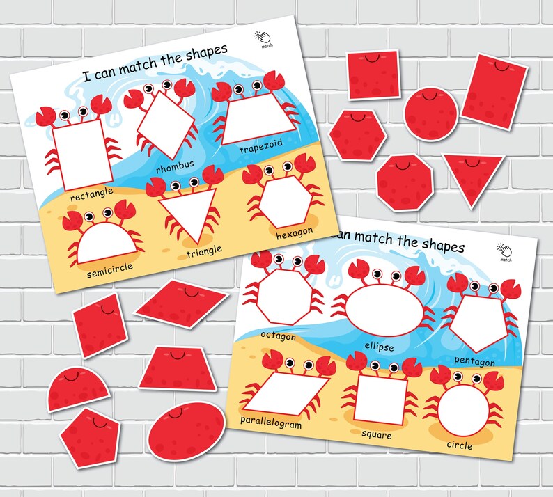 May include: Two printable worksheets with colorful crabs and geometric shapes. The first worksheet has a rectangle, rhombus, trapezoid, semicircle, triangle, and hexagon. The second worksheet has an octagon, ellipse, pentagon, parallelogram, square, and circle.