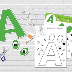 May include: A printable craft activity for kids to build an alligator. The activity includes a green letter A, a black and white outline of the letter A, googly eyes, and triangles to cut out and glue.