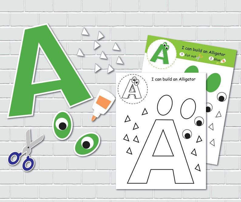 May include: A printable craft activity for kids to build an alligator. The activity includes a green letter A, a black and white outline of the letter A, googly eyes, and triangles to cut out and glue.