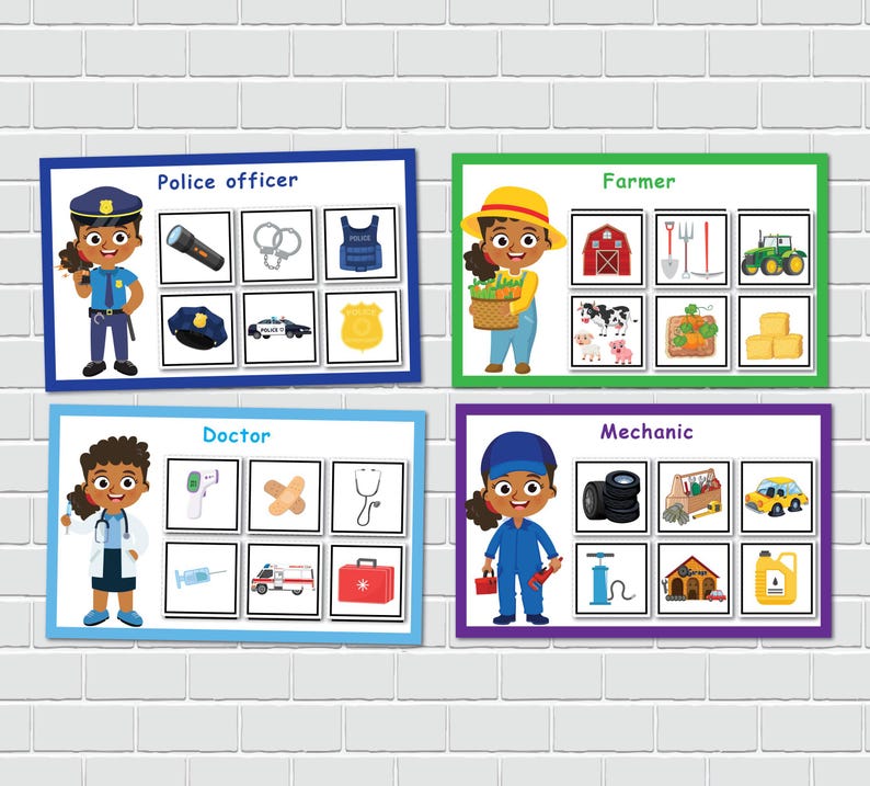 May include: Four colorful cards with images of different professions. Each card features a cartoon character, a title, and a grid of images related to the profession. The professions are police officer, farmer, doctor, and mechanic.