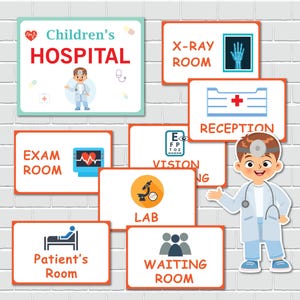 May include: Colorful signs for a children's hospital with various departments, including the exam room, waiting room, reception, lab, vision, x-ray room, and patient's room. Each sign features a cartoon illustration related to the department.