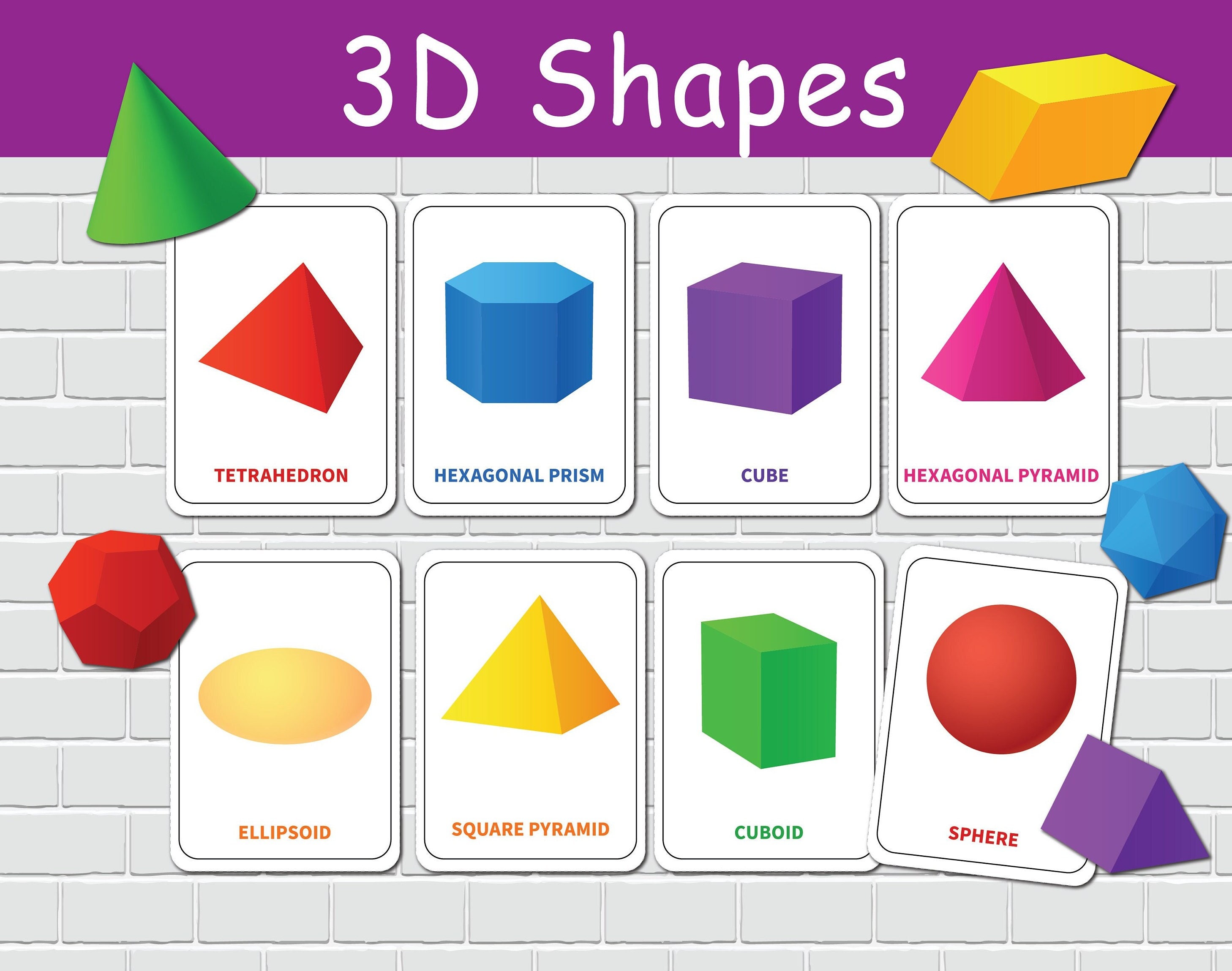 3D Shapes Flash Cards. Preschool Learning Activity. Kids Geometric Shapes.  Flashcards Kindergarten. Homeschool Resource. 