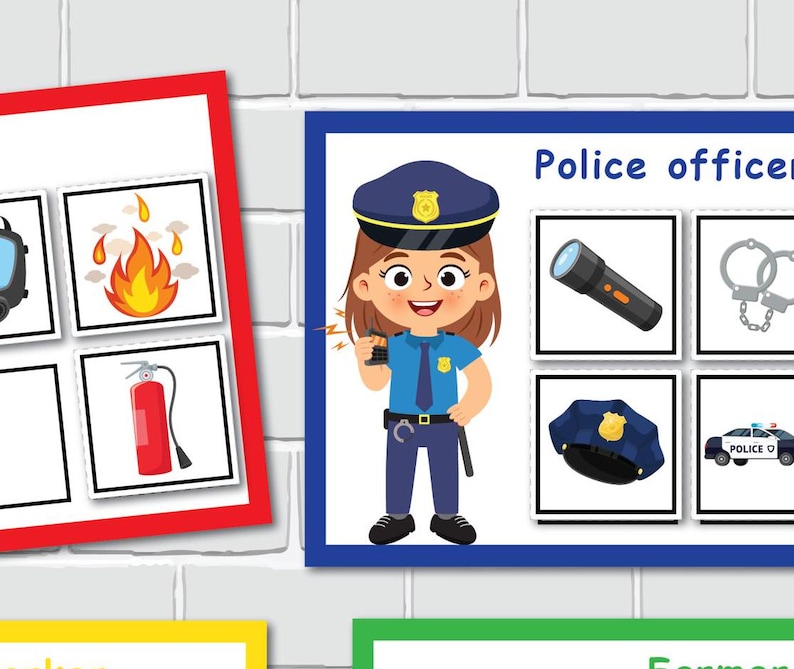 May include: A printable matching game for kids featuring a police officer, a flashlight, handcuffs, a police hat, and a police car. The game is designed to help children learn about different jobs and the tools they use.