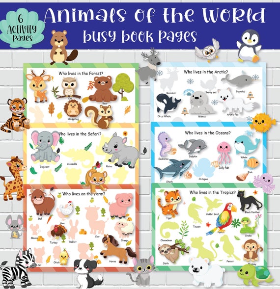 Animals of the World Busy Book Pages for Kids. Toddler Learning Binder for Preschool, Homeschool Kindergarten Pre-k Curriculum.