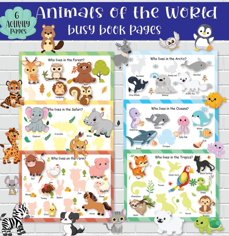 May include: Six colorful printable activity pages featuring different animals from around the world. Each page has a title asking "Who lives in the..." and includes a list of animals with their names. The pages are designed for children to learn about different habitats and animals.