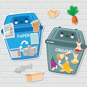 Puede incluir: Dos contenedores de reciclaje de dibujos animados, uno azul para papel y otro gris para residuos org&aacute;nicos, con caras sonrientes. El contenedor azul tiene un peri&oacute;dico, un calendario y art&iacute;culos de papel. El contenedor gris tiene restos de comida.
