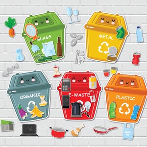 Puede incluir: Ilustraci&oacute;n colorida de contenedores de reciclaje para vidrio, metal, residuos org&aacute;nicos, residuos electr&oacute;nicos y pl&aacute;stico. Cada contenedor es de un color diferente y est&aacute; etiquetado con su contenido. Varios elementos se muestran alrededor de cada contenedor.