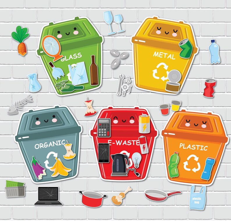 Puede incluir: Ilustraci&oacute;n colorida de contenedores de reciclaje para vidrio, metal, residuos org&aacute;nicos, residuos electr&oacute;nicos y pl&aacute;stico. Cada contenedor es de un color diferente y est&aacute; etiquetado con su contenido. Varios elementos se muestran alrededor de cada contenedor.