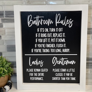 Bathroom rules framed sign| humorous bathroom sign| bathroom decor| bathroom rules| funny bathroom wall art | farmhouse bathroom
