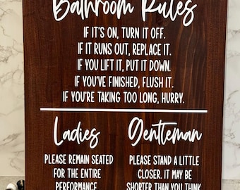Funny Bathroom Rules Wood Sign | Farmhouse Style Decor
