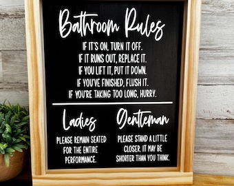 Funny Bathroom Rules Sign Wood Framed Plaque | Farmhouse Bathroom Decor | Restroom Humor Wall Art