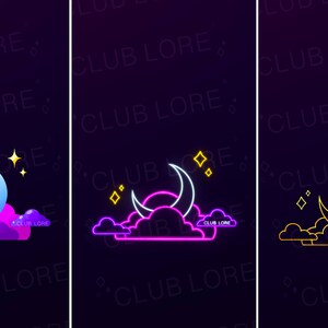 May include: Three vertical images with a dark purple background and a stylized crescent moon and cloud design. The first image has a purple cloud, a blue and white moon, and yellow stars. The second image has a neon pink cloud and moon with yellow diamonds. The third image has a yellow outline of the moon and cloud.