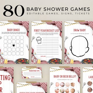 Bewerkbare 80 Baby Q baby shower games, BBQ baby shower bundel, achtertuin baby strooi games set, barbecue genderneutraal afdrukbaar, BS167