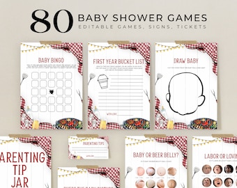 Bewerkbare 80 Baby Q baby shower games, BBQ baby shower bundel, achtertuin baby strooi games set, barbecue genderneutraal afdrukbaar, BS167