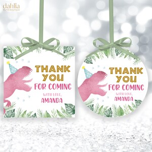 Dinosaurier Favor Tag, EDITIERBARE Drei Rex Geburtstagsetikett, Pink Danke Geschenkanhänger, Jurassic Square Tag, Printable Girl Round Tag, KP250