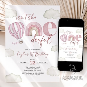 Heißluftballon erste Geburtstagseinladung, EDITIERBARE Onederful Party einladen, Boho rosa Wolken Regenbogen Geburtstagskarte, Instant Download, KP282