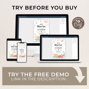 May include: A digital mockup of a dinosaur-themed birthday invitation. The invitation features a colorful illustration of dinosaurs and the text "Alex is three-rex". The invitation is displayed on a computer screen, tablet, and phone.