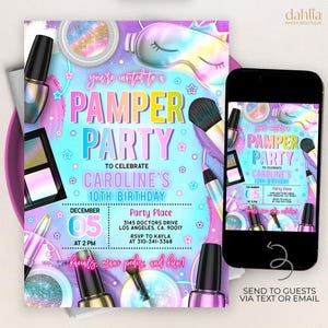 EDITABLE Pamper Party Invitation, Join Us For A Spa Sleepover, Neon Glow Glam Slumber Template, Manicure & Pedicures Birthday Invite, KP446