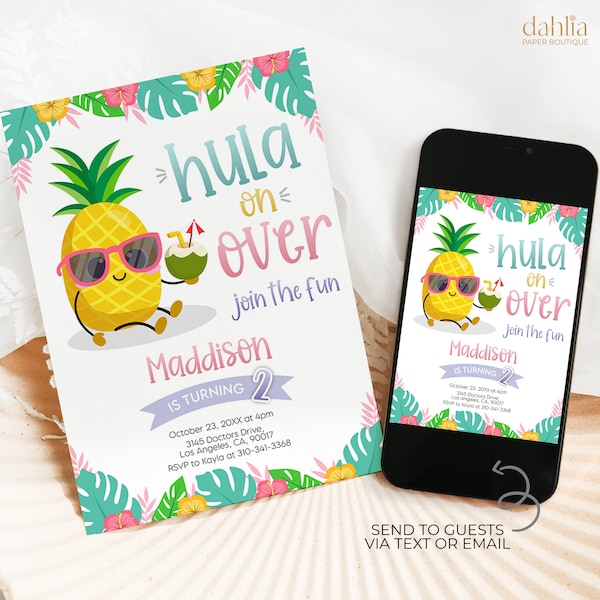 Hawaiian Pineapple Birthday Invitation, EDITABLE Luau Party Invite Template, Tropical Summer Birthday, Aloha Girls, Instant Download, KP272