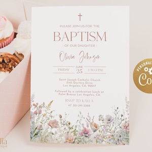 Invito per battesimo primaverile EDITABLE, modello Boho Wildflower stampabile, invito digitale battesimo rosa scuro, download istantaneo BP002