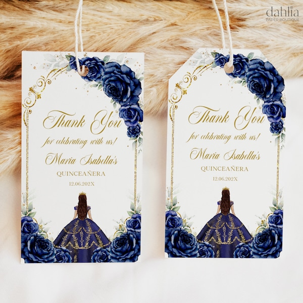 Navy Blue and Gold Quinceañera Thank You Gift Tag, Editable Mis Quince Anos Giveaway, 15th Birthday Party Favor, Printable Roses Label, Q039