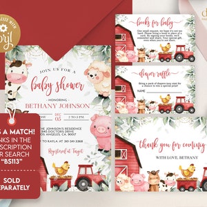May include: Red and white barn baby shower invitation with a watercolor illustration of farm animals, a red tractor, and greenery. The text reads "Join us for a baby shower honoring Bethany Johnson, December 5th, 2 to 5 pm. The Johnson's Residence, 3145 Doctors Drive, Los Angeles, CA, 90017. To Kayla at 310-341-3368. Registered at Target."