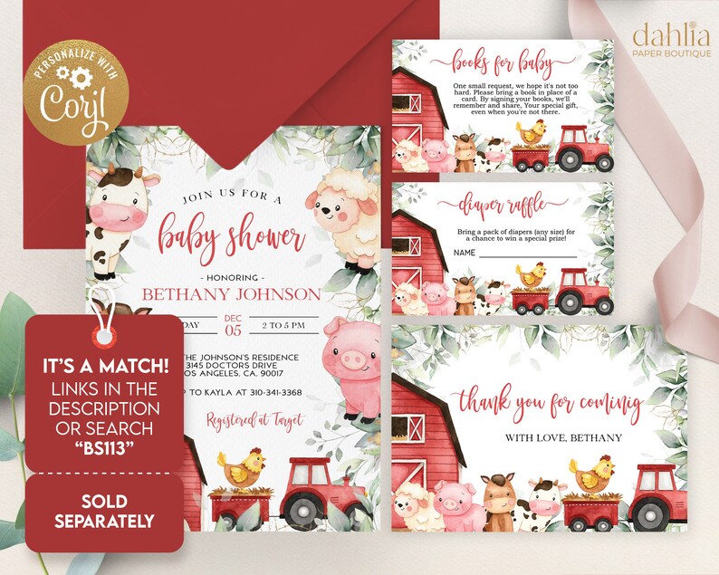 May include: Red and white barn baby shower invitation with a watercolor illustration of farm animals, a red tractor, and greenery. The text reads "Join us for a baby shower honoring Bethany Johnson, December 5th, 2 to 5 pm. The Johnson's Residence, 3145 Doctors Drive, Los Angeles, CA, 90017. To Kayla at 310-341-3368. Registered at Target."