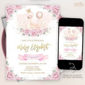 Schwanenprinzessin Geburtstagseinladung, EDITIERBARE Blumen Rosa und Gold Ballon Party Vorlage, Elegante Rose Mädchen einladen, Sofort Download KP192