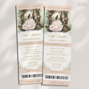 Verzauberter Wald Quinceaño Ticket-Einladung, EDITIERBARE Champagner-Magische Gartenparty Mis Quince Anos, Märchenwald 15. Geburtstag Q129