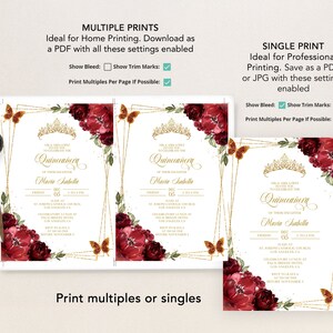 May include: Printable Quincea&ntilde;era invitation featuring a gold crown, red and burgundy flowers, and gold glitter. The text reads "A Mas Sweet 15th Birthday to Celebrate the Quincea&ntilde;era of Maria Isabella".