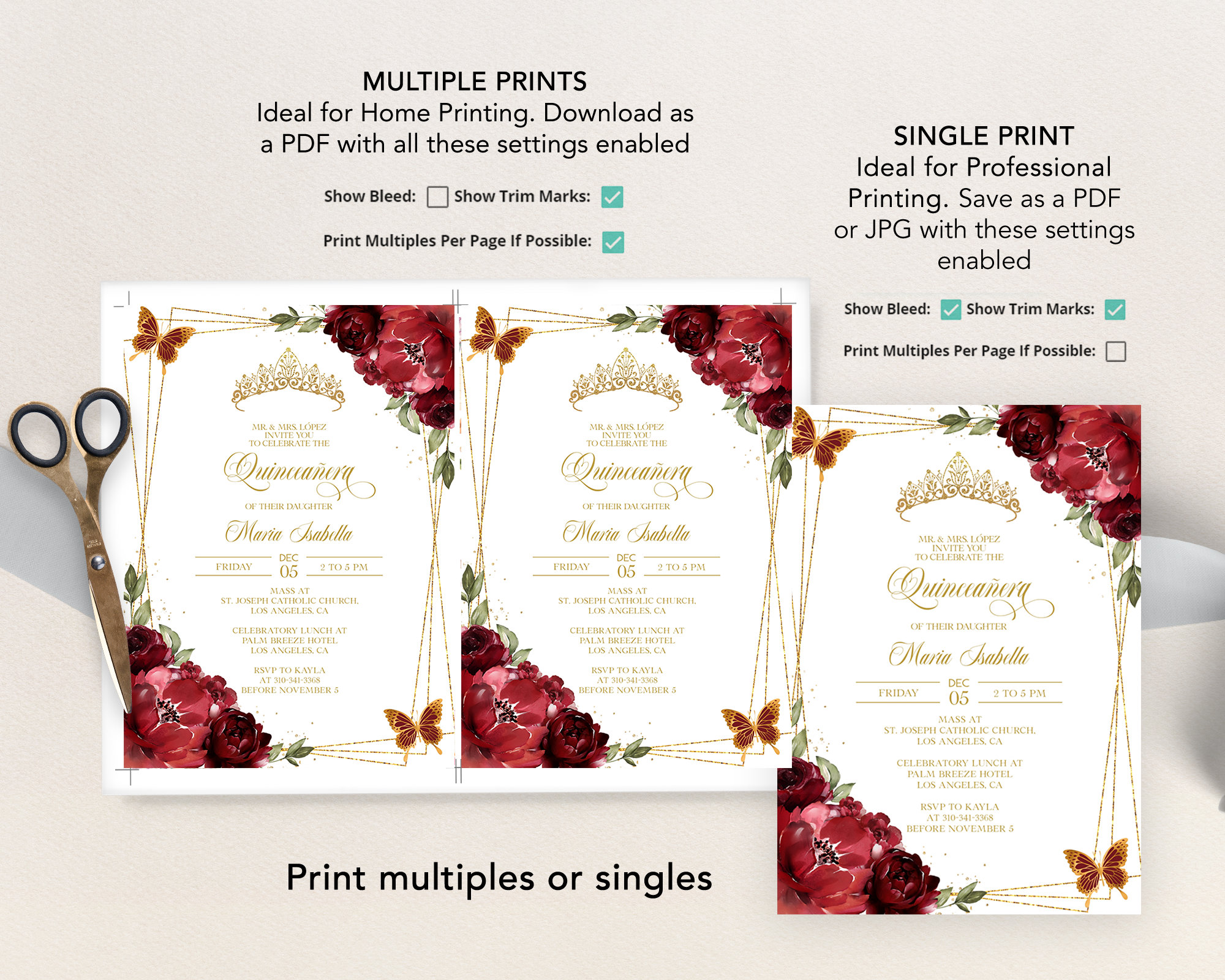 May include: Printable Quincea&ntilde;era invitation featuring a gold crown, red and burgundy flowers, and gold glitter. The text reads "A Mas Sweet 15th Birthday to Celebrate the Quincea&ntilde;era of Maria Isabella".