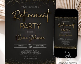 Retirement Invitation, Editable Black and Gold Retirement Invite, 30th 40th 50th Any Age, Gender Neutral Invite, Printable Download, AP011