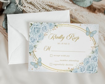 Quinceañera RSVP Card Template, Editable Baby Blue and Gold Quince, Butterfly Mis Quince 15 Anos, Girl 15th Birthday, Instant Download, Q033