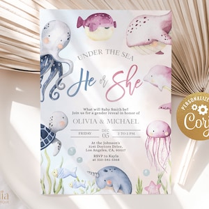 Under The Sea Gender Reveal Invitation, Ocean Animals Gender Reveal Party Invite Template, He Or She, Boy Or Girl Nautical Baby Shower GR023