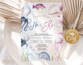 Under The Sea Gender Reveal Invitation, Ocean Animals Gender Reveal Party Invite Template, He Or She, Boy Or Girl Nautical Baby Shower GR023