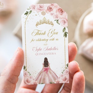 Blush Pink e Gold Arch Quinceañera Etichetta regalo di ringraziamento, Giveaway modificabile di Mis Quince Anos, Bomboniera per il 15° compleanno, Download istantaneo Q020