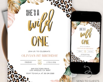 Wild One Modern Birthday Invitation, EDITABLE Leopard Party Invite Template, Safari Animal Print, Cheetah Birthday, Instant Download KP105