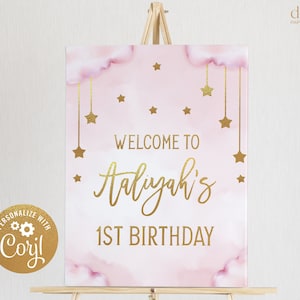 Twinkle Twinkle Little Star Welcome Sign, EDITABLE Moon and Stars Kid&#39;s Birthday Decor, Pink & Gold Party Template, Instant Download KP058