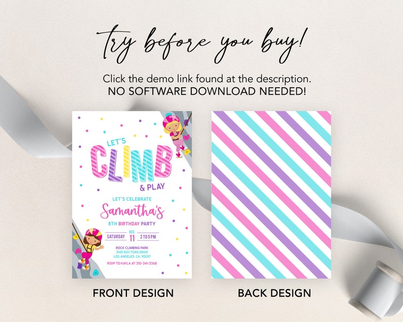 Rock Climbing Birthday Invitation, Editable Indoor Climbing Party Invite, Let's Climb and Play, Girl Adventure Party, Instant Download KP160 image 5