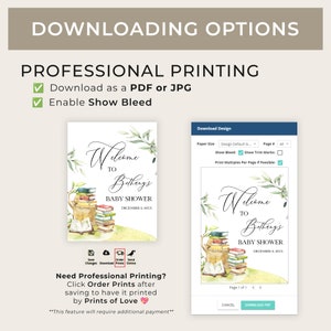 May include: A printable baby shower invitation with a watercolor illustration of a bear reading a stack of books. The text reads "Welcome to Bething's Baby Shower December 11, 20XX".