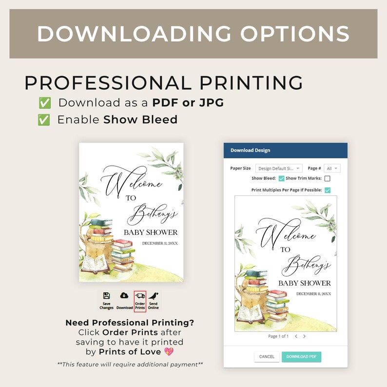 May include: A printable baby shower invitation with a watercolor illustration of a bear reading a stack of books. The text reads "Welcome to Bething's Baby Shower December 11, 20XX".