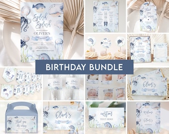 Under the Sea Birthday Party Bundle, EDITABLE Ocean Animals Party Invite, Nautical Birthday Party Decor, Blue Boy, Instant Download, KP095