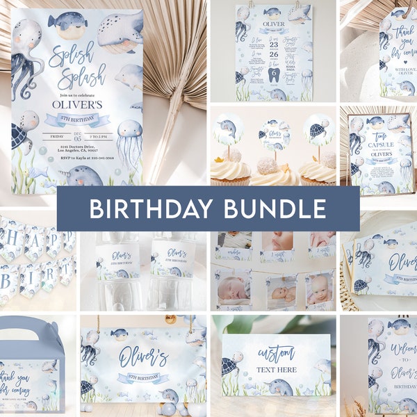 Under the Sea Birthday Party Bundle, EDITABLE Ocean Animals Party Invite, Nautical Birthday Party Decor, Blue Boy, Instant Download, KP095