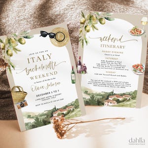 Pode incluir: Convite para um fim de semana de despedida de solteira na Itália em homenagem a Olivia Johnson. O convite apresenta uma ilustração em aquarela de uma cena campestre italiana com oliveiras, uma casa e uma garrafa de vinho. O texto inclui as datas de 5 a 7 de dezembro e a localização Limelight Hotel & Resort, Toscana, Itália. RSVP para Kayla no 310-341-3368.