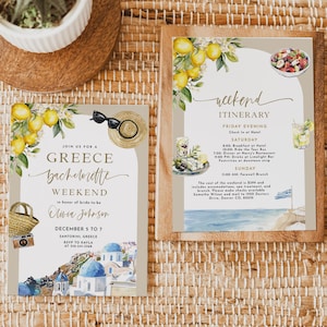 Addio al nubilato in Grecia, itinerario per invito weekend addio al nubilato a Santorini, modello invito Mediterraneo, pianificatore agenda weekend, BC007