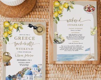 Greece Bachelorette Party, Santorini Bachelorette Weekend Invite Itinerary, Mediterranean Invitation Template, Weekend Agenda Planner, BC007
