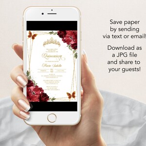 May include: A digital invitation for a Quincea&ntilde;era celebration. The invitation features a gold frame with a red and gold floral design. The text on the invitation reads "Quincea&ntilde;era" and "Maria Isabella".